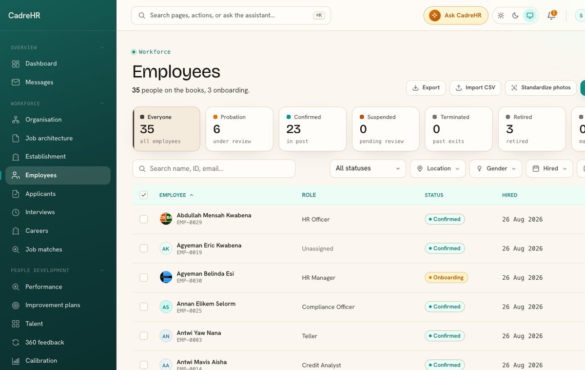 CadreHR employees roster