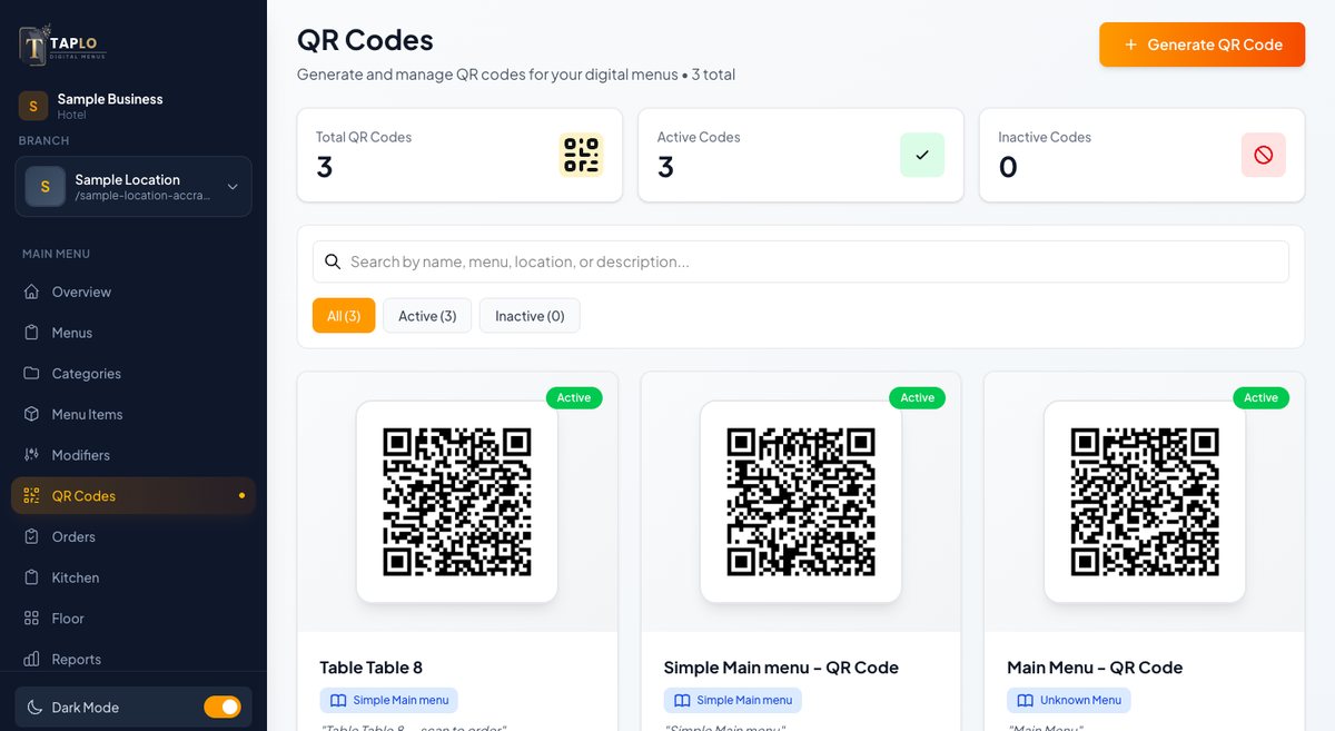 Taplo QR codes dashboard